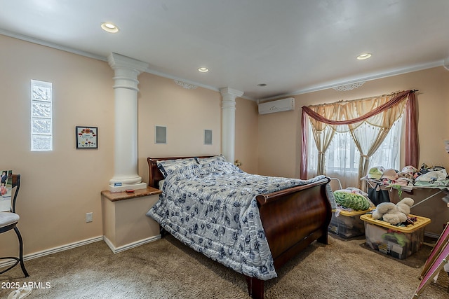 carpeted bedroom with multiple windows, a wall mounted air conditioner, ornamental molding, and decorative columns