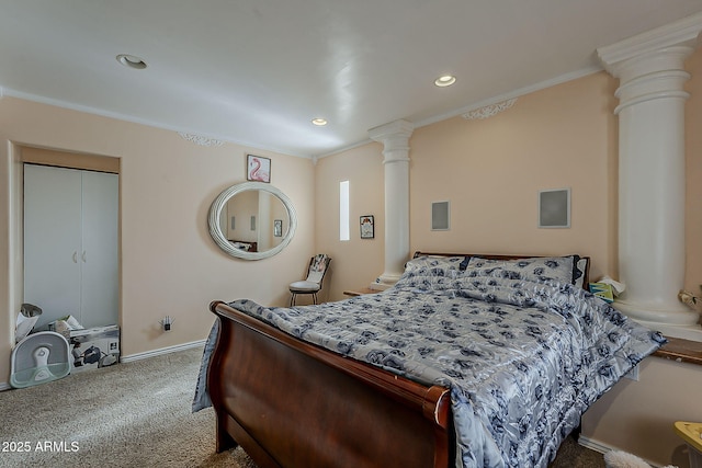 carpeted bedroom featuring decorative columns, recessed lighting, baseboards, and ornamental molding