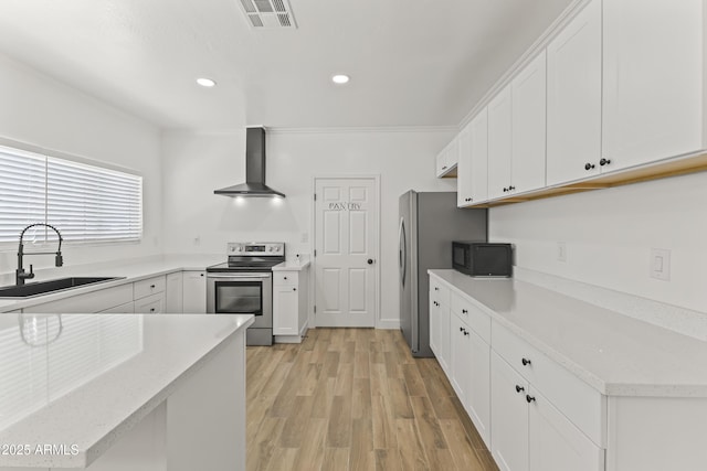 5808 W Myrtle Ave, Glendale, AZ 85301 - kitchen with wall chimney range hood, stainless steel appliances, a sink, white cabinets, and recessed lighting