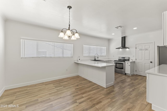 5808 W Myrtle Ave, Glendale, AZ 85301 - kitchen with appliances with stainless steel finishes, wall chimney exhaust hood, a peninsula, a sink, and light wood-style floors