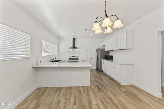 5808 W Myrtle Ave, Glendale, AZ 85301 - kitchen with wall chimney range hood, appliances with stainless steel finishes, light countertops, a peninsula, and crown molding