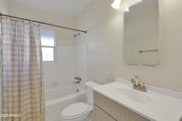 full bathroom featuring toilet, shower / tub combo with curtain, and vanity