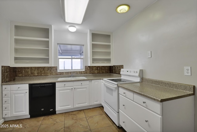 kitchen featuring a sink, black dishwasher, white cabinetry, and white range with electric cooktop