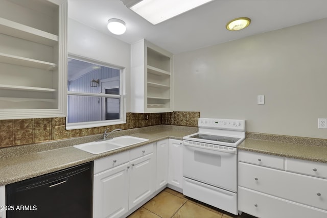 kitchen with tasteful backsplash, dishwasher, a sink, and white electric range oven