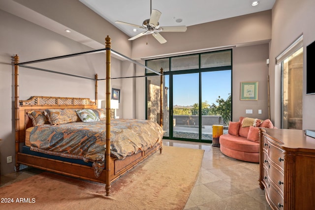 bedroom with access to exterior, ceiling fan, and light tile patterned flooring