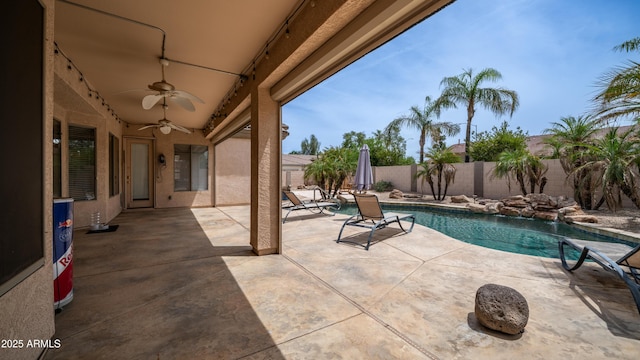 3103 S Benton, Mesa, AZ 85212 - view of pool with a fenced backyard, a ceiling fan, and a patio
