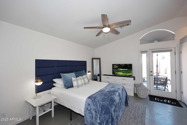 3122 E Kristal Way, Phoenix, AZ 85050 - bedroom featuring lofted ceiling, concrete flooring, access to outside, and ceiling fan