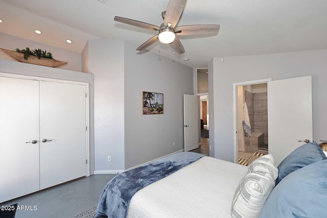 3122 E Kristal Way, Phoenix, AZ 85050 - bedroom featuring recessed lighting, concrete floors, lofted ceiling, baseboards, and a ceiling fan