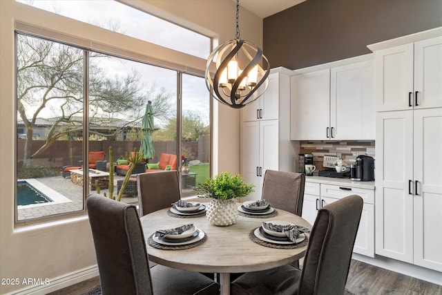 dining space featuring dark wood-type flooring, a wealth of natural light, and a notable chandelier