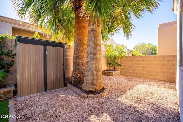 view of yard with a storage shed