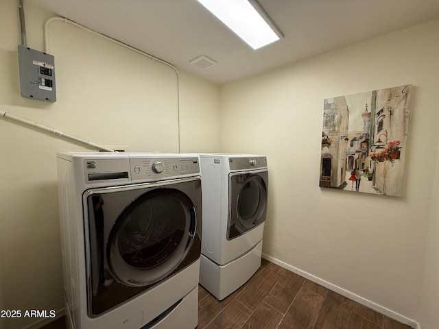 3145 W Acoma Dr, Phoenix, AZ 85053 - laundry area with separate washer and dryer, dark wood-style floors, and electric panel