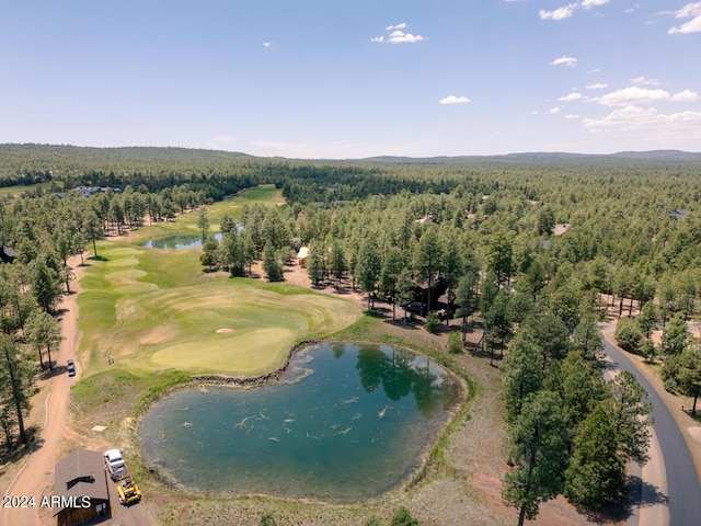 bird's eye view of a large body of water, a forest, and a local golf course