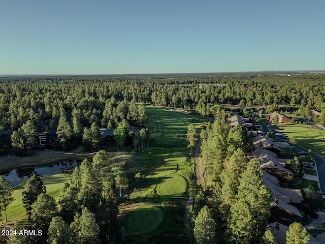 aerial view of property's location featuring a forest, a large body of water, and a local golf course