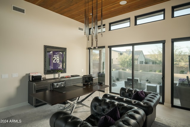 living room featuring wood ceiling