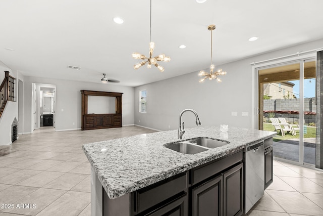18740 W San Juan Ave, Litchfield Park, AZ 85340 - kitchen featuring a sink, dishwasher, a chandelier, light tile patterned flooring, and recessed lighting