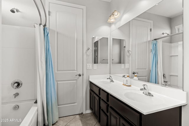 18740 W San Juan Ave, Litchfield Park, AZ 85340 - bathroom featuring shower / tub combo with curtain, double vanity, and tile patterned floors