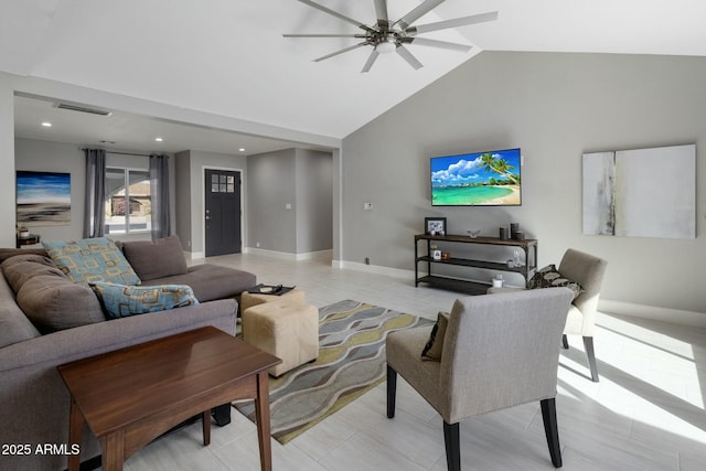 living room featuring high vaulted ceiling, baseboards, visible vents, and a ceiling fan