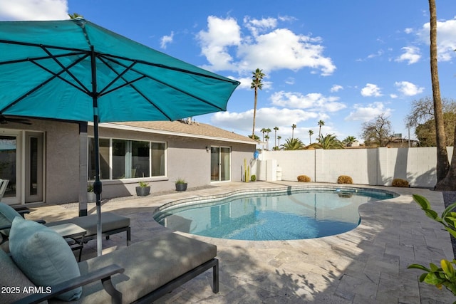 view of swimming pool with a patio, a fenced backyard, and a fenced in pool