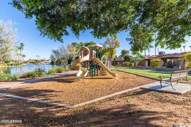 community jungle gym with a water view