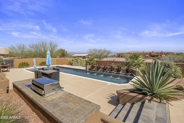 view of pool with a patio area, area for grilling, a fenced in pool, and a fenced backyard