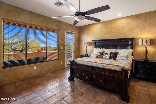 bedroom featuring access to outside, recessed lighting, visible vents, and ceiling fan