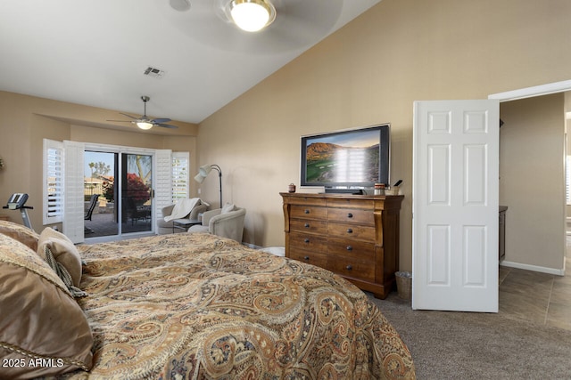 bedroom with high vaulted ceiling, carpet flooring, access to outside, and ceiling fan