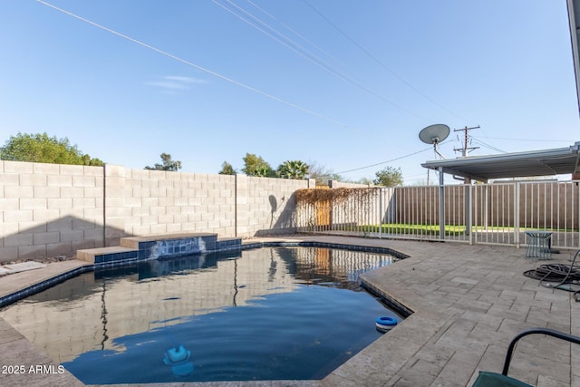 view of swimming pool featuring a fenced in pool, a fenced backyard, and a patio