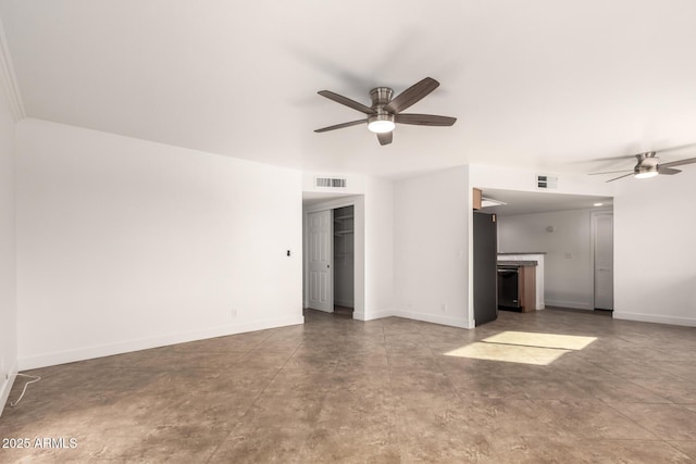 unfurnished living room with baseboards, visible vents, concrete flooring, and a ceiling fan