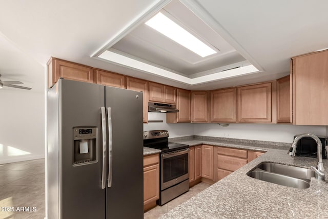 kitchen with stainless steel appliances, a tray ceiling, a sink, and under cabinet range hood