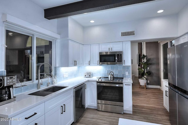 7596 N Via De La Siesta, Scottsdale, AZ 85258 - kitchen featuring appliances with stainless steel finishes, a sink, decorative backsplash, white cabinets, and recessed lighting