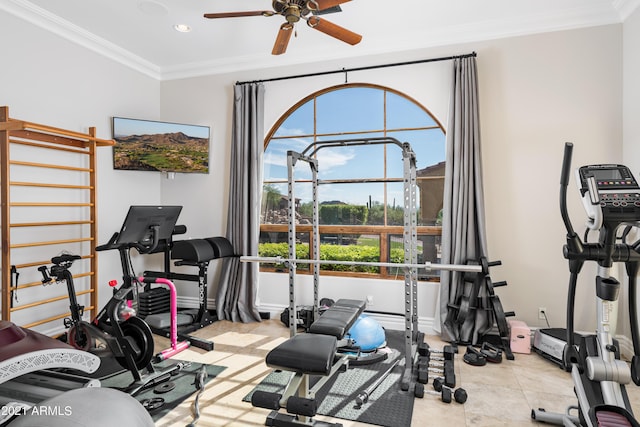 workout room with ceiling fan, ornamental molding, and light tile patterned flooring