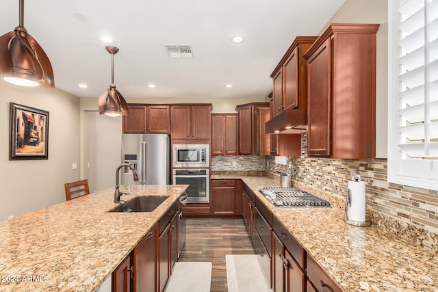 kitchen featuring dark hardwood / wood-style flooring, hanging light fixtures, stainless steel appliances, and sink