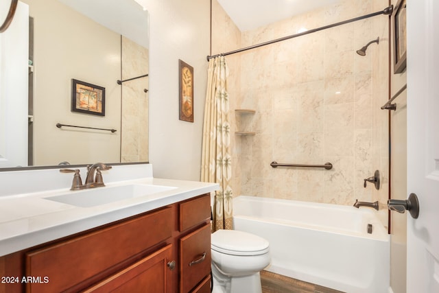 full bathroom with toilet, vanity, shower / tub combo, and hardwood / wood-style flooring