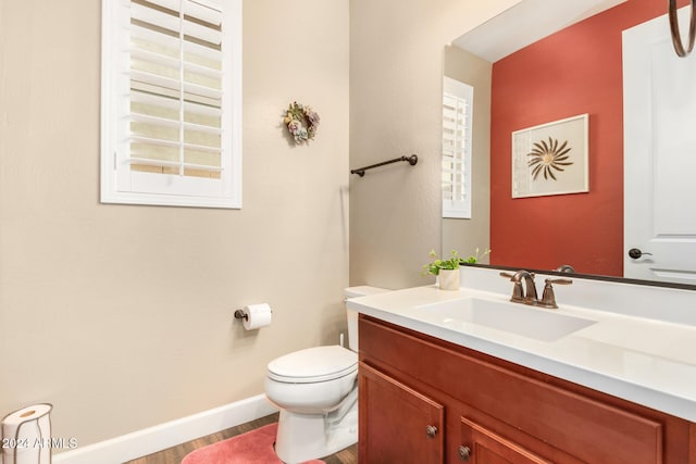 bathroom featuring vanity, wood-type flooring, and toilet