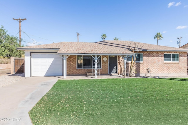 single story home featuring driveway, an attached garage, a front lawn, and a shingled roof