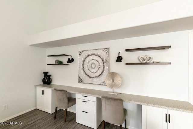 home office with built in desk and dark wood-type flooring