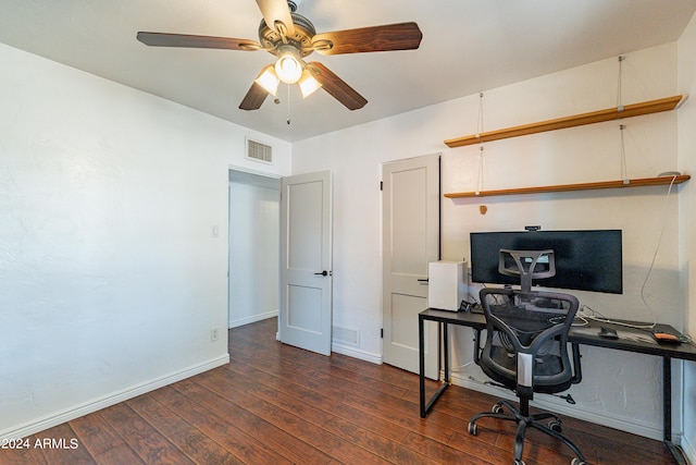 home office featuring ceiling fan and dark hardwood / wood-style flooring