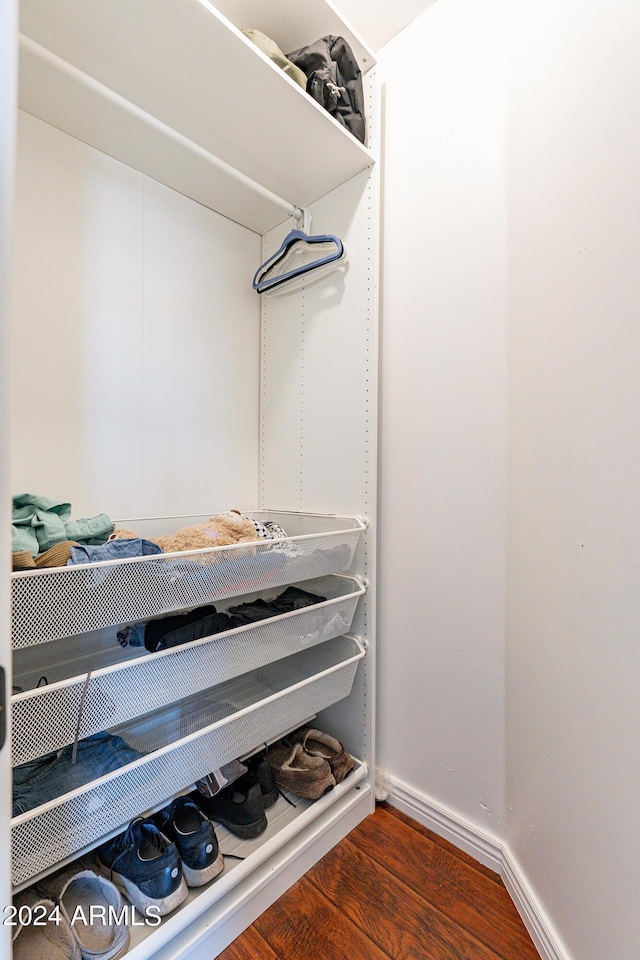 spacious closet with dark wood-type flooring