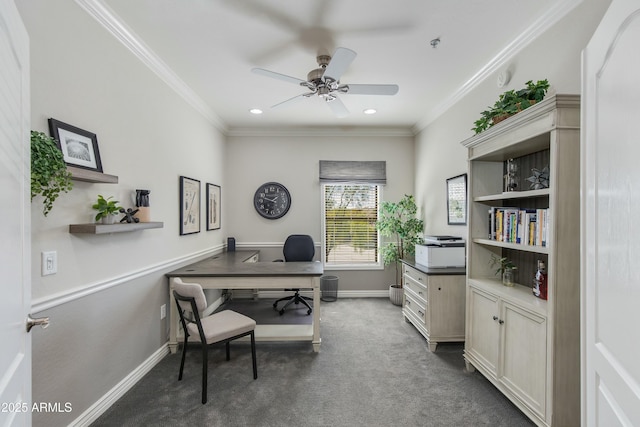 office with crown molding, ceiling fan, and dark colored carpet