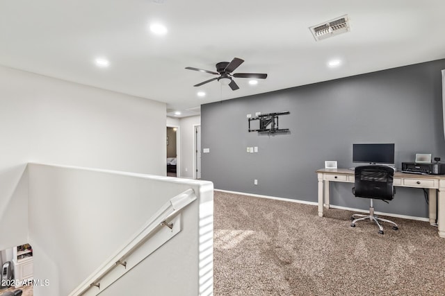 carpeted home office featuring visible vents, recessed lighting, baseboards, and ceiling fan