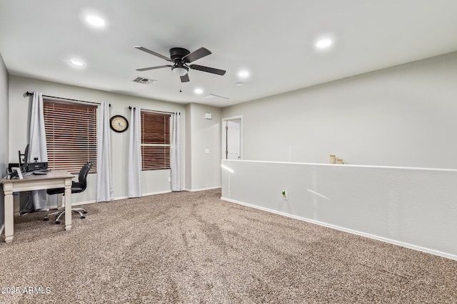 unfurnished office with recessed lighting, baseboards, carpet, and a ceiling fan