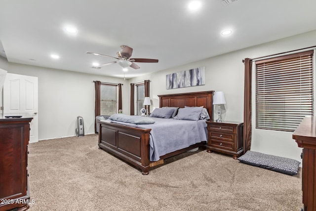 bedroom with visible vents, recessed lighting, ceiling fan, and carpet floors