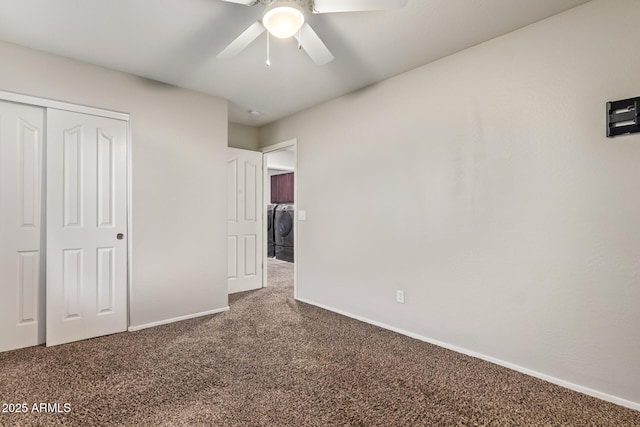 unfurnished bedroom with baseboards, a closet, carpet floors, and ceiling fan