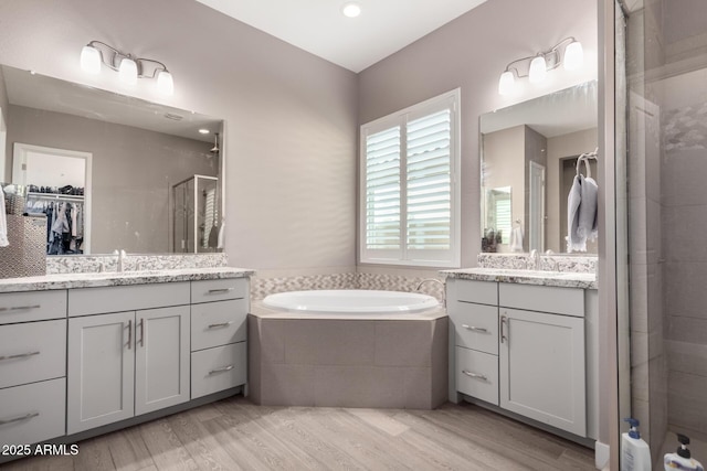 bathroom featuring vanity, independent shower and bath, and wood-type flooring