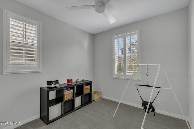 misc room featuring carpet flooring and ceiling fan