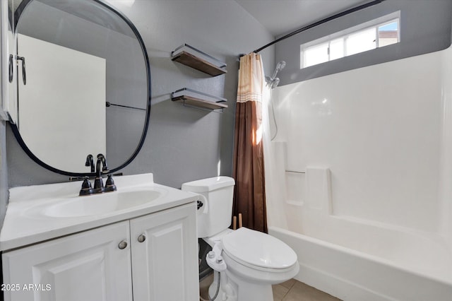 bathroom with shower / tub combo with curtain, vanity, toilet, and tile patterned floors