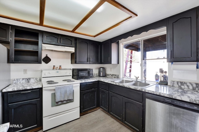 kitchen with white electric range oven, stainless steel dishwasher, a sink, black microwave, and under cabinet range hood