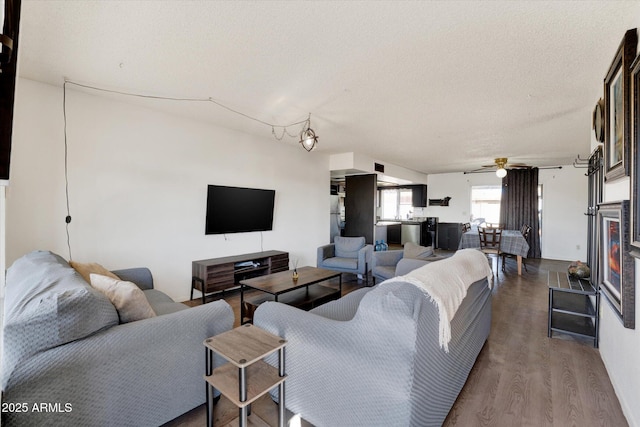 living area featuring ceiling fan, a textured ceiling, and wood finished floors