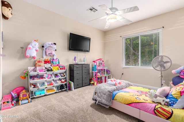 bedroom with carpet flooring and a ceiling fan