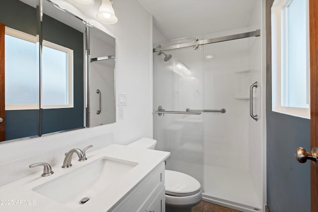 bathroom with toilet, vanity, and walk in shower